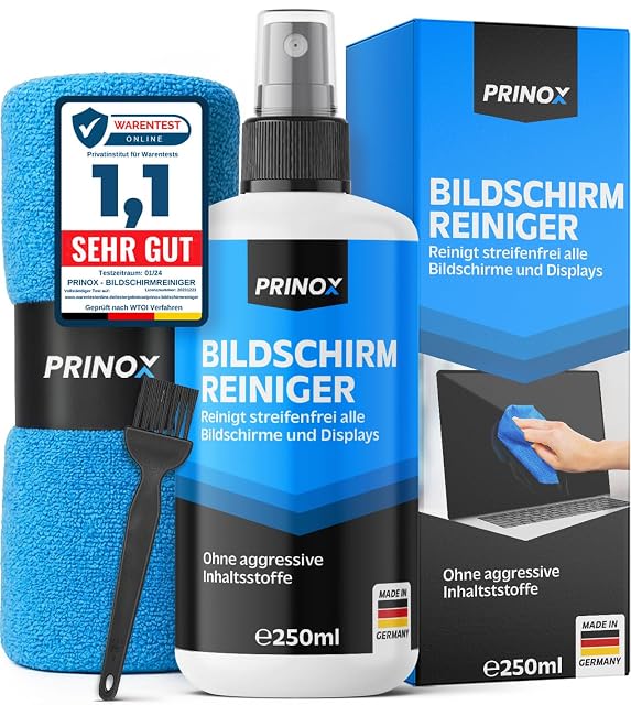 Prinox XXL Bildschirmreinigungsset mit Spray, Tuch und Bürste
