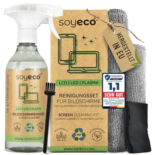 SOYECO ECO Bildschirmreinigungsset mit 500-ml-Flasche, zwei Tüchern und Bürste